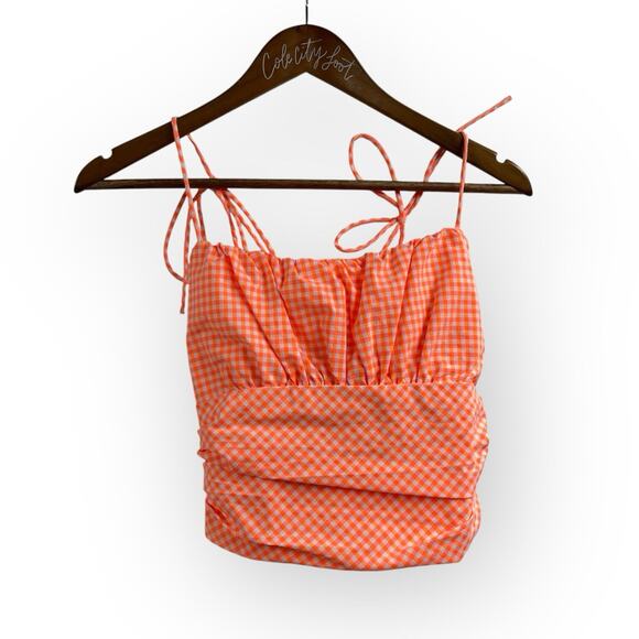 Neon Orange Gingham Crop Tank Top Strappy Open Back Ruched Large Zara - Picture 1 of 7